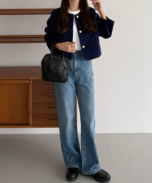 セール】ウールライクゴールドボタンノーカラージャケット（ノーカラー