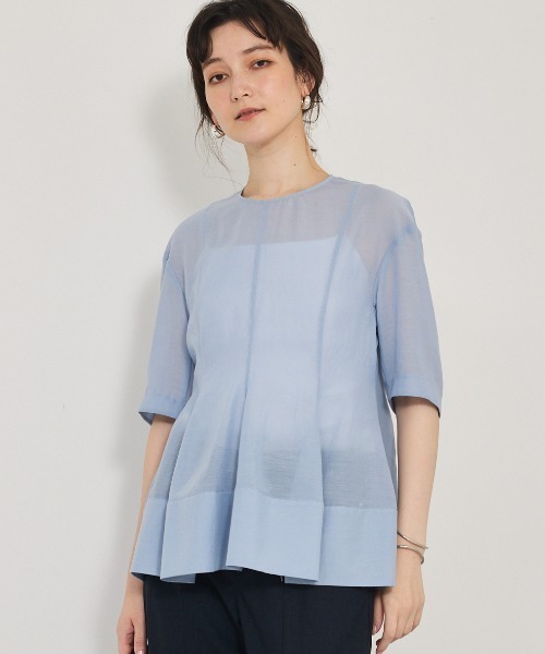 qualite（カリテ）の「【上品な透け感】カーヴィングブラウス/シアーシャツ/シアーブラウス/夏服/オフィスカジュアル（シャツ/ブラウス・レディース・オフホワイト/ブルー/カーキ・フリー）」の6枚目の写真