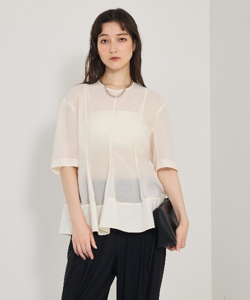 qualite（カリテ）の「【上品な透け感】カーヴィングブラウス/シアーシャツ/シアーブラウス/夏服/オフィスカジュアル（シャツ/ブラウス・レディース・オフホワイト/ブルー/カーキ・フリー）」の14枚目の写真