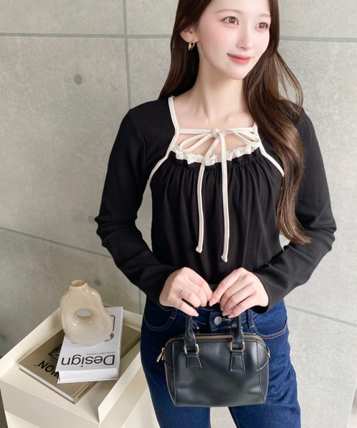 セール】レイヤードデザインデコルテリボン長袖リブカットソートップス