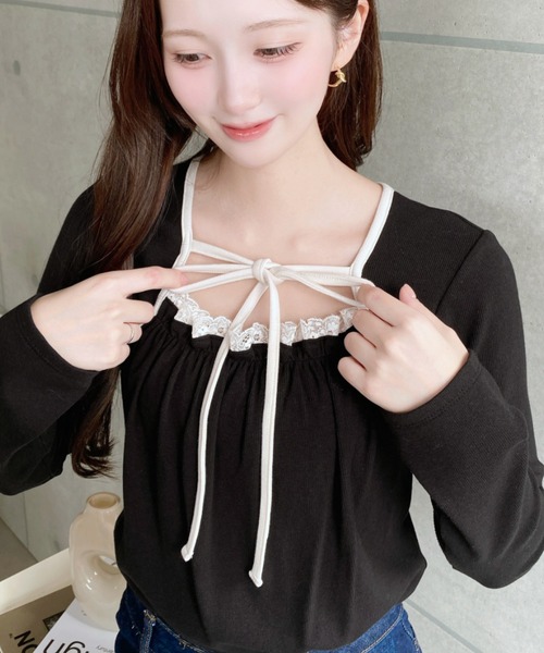 moment+(モーメントプラス)の「レイヤードデザインデコルテリボン長袖リブカットソートップス(Tシャツ/カットソー・レディース・ネイビー/ブラウン/ブラック/チャコールグレー/アイボリー/ホワイト系その他/ブラック系その他・M/L)」の13枚目の写真