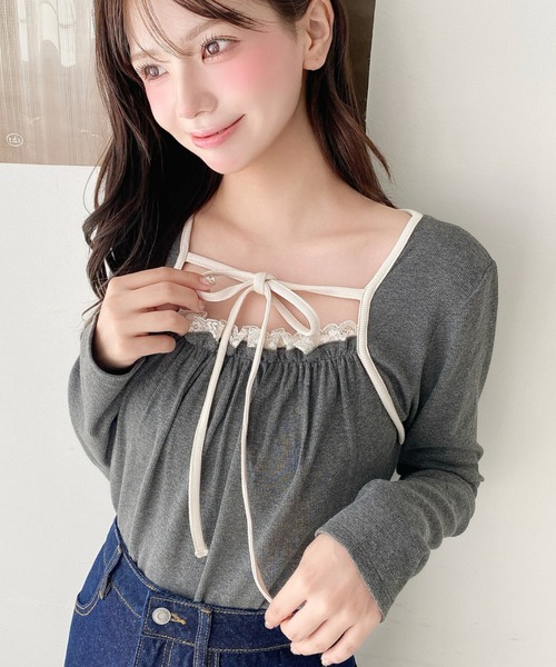 moment+(モーメントプラス)の「レイヤードデザインデコルテリボン長袖リブカットソートップス(Tシャツ/カットソー・レディース・ネイビー/ブラウン/ブラック/チャコールグレー/アイボリー/ホワイト系その他/ブラック系その他・M/L)」の16枚目の写真