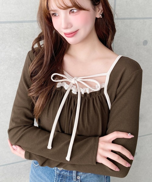 moment+(モーメントプラス)の「レイヤードデザインデコルテリボン長袖リブカットソートップス(Tシャツ/カットソー・レディース・ネイビー/ブラウン/ブラック/チャコールグレー/アイボリー/ホワイト系その他/ブラック系その他・M/L)」の21枚目の写真