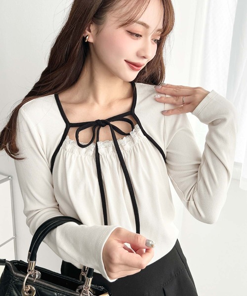 moment+(モーメントプラス)の「レイヤードデザインデコルテリボン長袖リブカットソートップス(Tシャツ/カットソー・レディース・ネイビー/ブラウン/ブラック/チャコールグレー/アイボリー/ホワイト系その他/ブラック系その他・M/L)」の19枚目の写真
