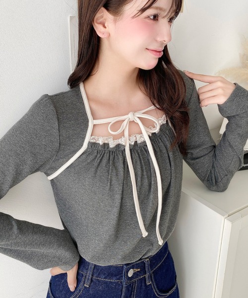 セール】レイヤードデザインデコルテリボン長袖リブカットソートップス