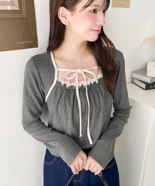 レイヤードデザインデコルテリボン長袖リブカットソートップス（T