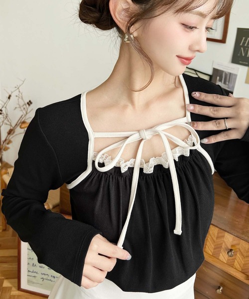 セール】レイヤードデザインデコルテリボン長袖リブカットソートップス