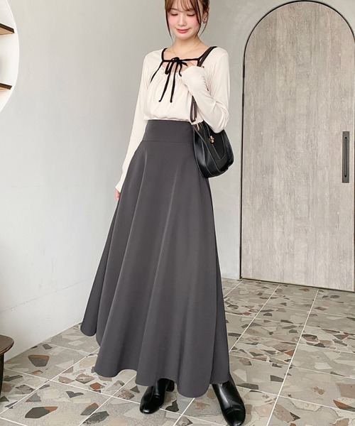 mother リブ　トップス　カットソー レイヤードデザインデコルテリボン長袖リブカットソートップス（T