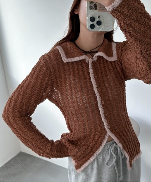 PILIT（ピリット）の「チュールヤーン透かし編みポロニット（ニット/セーター・レディース・ブラウン/グレイッシュベージュ/ブラック/アイボリー・MEDIUM）」の3枚目の写真