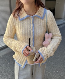 チュールヤーン透かし編みポロニット