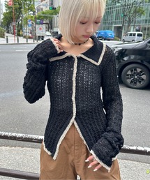 チュールヤーン透かし編みポロニット
