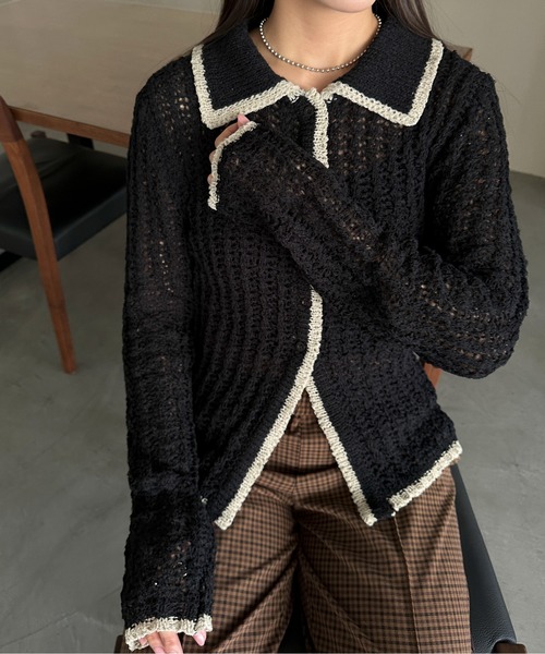 PILIT（ピリット）の「チュールヤーン透かし編みポロニット（ニット/セーター・レディース・ブラウン/グレイッシュベージュ/ブラック/アイボリー・MEDIUM）」の9枚目の写真