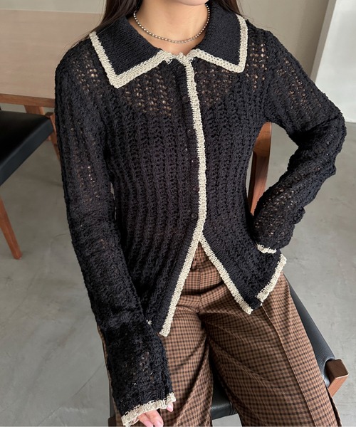 PILIT（ピリット）の「チュールヤーン透かし編みポロニット（ニット/セーター・レディース・ブラウン/グレイッシュベージュ/ブラック/アイボリー・MEDIUM）」の10枚目の写真