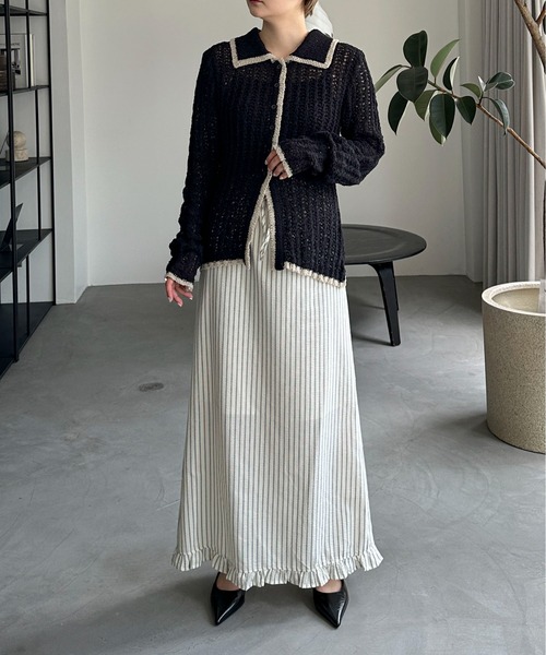 PILIT（ピリット）の「チュールヤーン透かし編みポロニット（ニット/セーター・レディース・ブラウン/グレイッシュベージュ/ブラック/アイボリー・MEDIUM）」の5枚目の写真