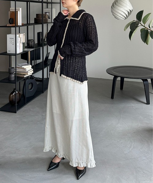 PILIT（ピリット）の「チュールヤーン透かし編みポロニット（ニット/セーター・レディース・ブラウン/グレイッシュベージュ/ブラック/アイボリー・MEDIUM）」の6枚目の写真