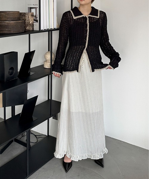 PILIT（ピリット）の「チュールヤーン透かし編みポロニット（ニット/セーター・レディース・ブラウン/グレイッシュベージュ/ブラック/アイボリー・MEDIUM）」の7枚目の写真