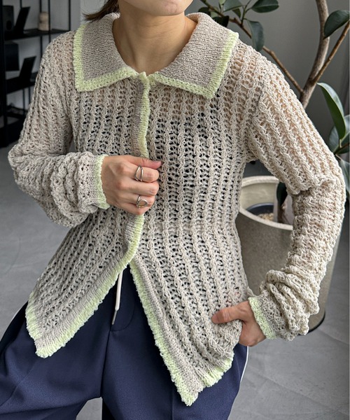 PILIT（ピリット）の「チュールヤーン透かし編みポロニット（ニット/セーター・レディース・ブラウン/グレイッシュベージュ/ブラック/アイボリー・MEDIUM）」の21枚目の写真