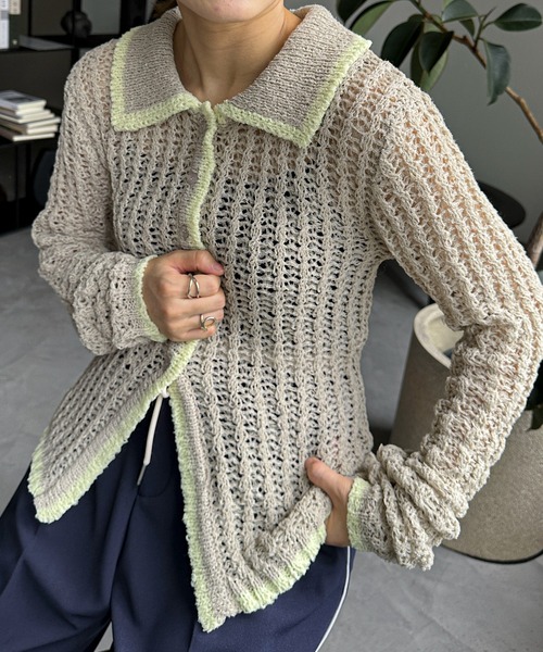 PILIT（ピリット）の「チュールヤーン透かし編みポロニット（ニット/セーター・レディース・ブラウン/グレイッシュベージュ/ブラック/アイボリー・MEDIUM）」の22枚目の写真