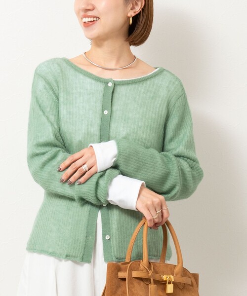 Rie Miller（リエミラー）の「シアーモヘヤ2WAYリブボートネックカーディガン（カーディガン/ボレロ・レディース・ベビーピンク/オリーブ/グレー・38）」の3枚目の写真