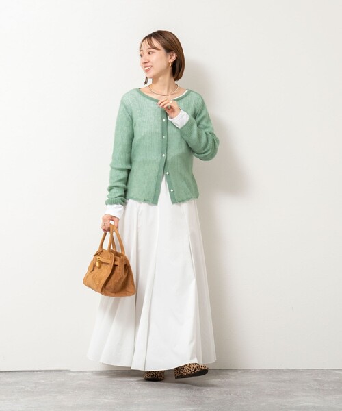 Rie Miller（リエミラー）の「シアーモヘヤ2WAYリブボートネックカーディガン（カーディガン/ボレロ・レディース・ベビーピンク/オリーブ/グレー・38）」の4枚目の写真