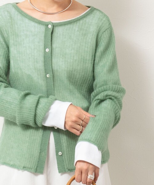 Rie Miller（リエミラー）の「シアーモヘヤ2WAYリブボートネックカーディガン（カーディガン/ボレロ・レディース・ベビーピンク/オリーブ/グレー・38）」の7枚目の写真