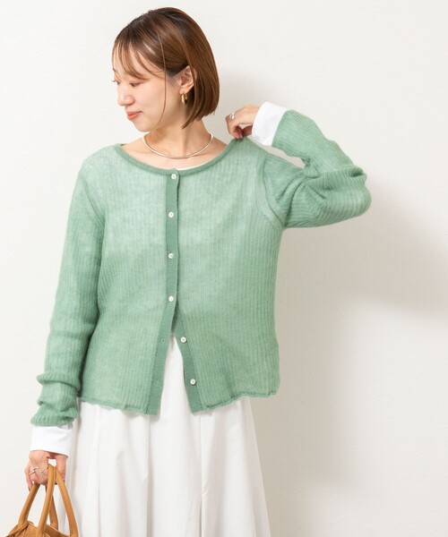 Rie Miller（リエミラー）の「シアーモヘヤ2WAYリブボートネックカーディガン（カーディガン/ボレロ・レディース・ベビーピンク/オリーブ/グレー・38）」の9枚目の写真