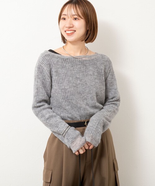 Rie Miller（リエミラー）の「シアーモヘヤ2WAYリブボートネックカーディガン（カーディガン/ボレロ・レディース・ベビーピンク/オリーブ/グレー・38）」の15枚目の写真