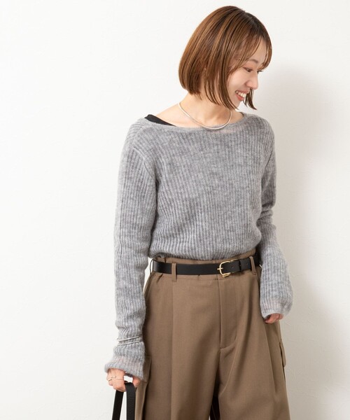 Rie Miller（リエミラー）の「シアーモヘヤ2WAYリブボートネックカーディガン（カーディガン/ボレロ・レディース・ベビーピンク/オリーブ/グレー・38）」の16枚目の写真