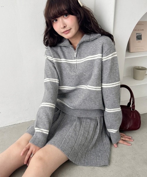セール】【セットアップ】ハーフジップボーダーニット+プリーツミニ