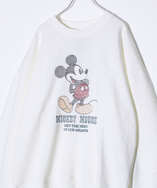 GLOSTER（グロスター）の「【ミッキー】UNISEX アップリケ＆フロッキー＆横振り刺繍 裏起毛スウェット（スウェット・メンズ・グレイッシュベージュ/ブラック/オフホワイト/ライトグレー/サックスブルー/チャコールグレー・L/M/XL）」の2枚目の写真