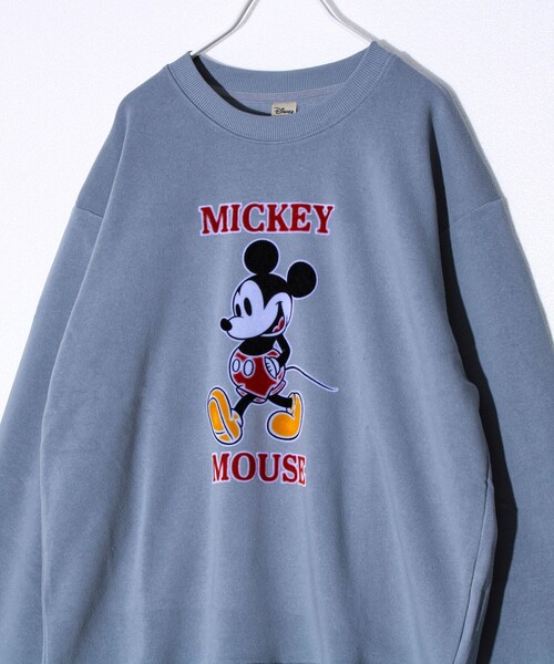 【完売】ミッキースウェット グレー×ブルー 人気 ミッキー】UNISEX アップリケ＆フロッキー＆横振り刺繍 裏起毛