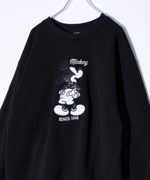 ミッキー】UNISEX アップリケ＆フロッキー＆横振り刺繍 裏起毛