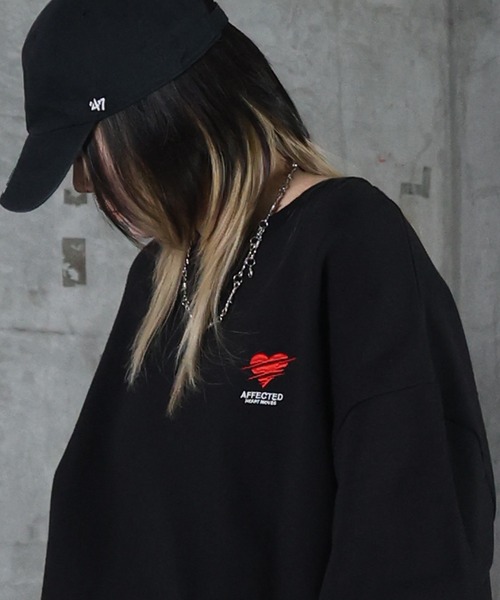 セール】AW 裏起毛 ハートワンポイント刺繍クルーネックスウェット