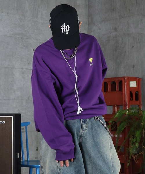 セール】AW 裏起毛 ハートワンポイント刺繍クルーネックスウェット