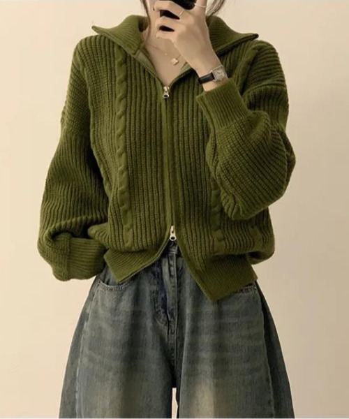 セール】ダブルジップ ケーブル編みニットカーディガン（ニット