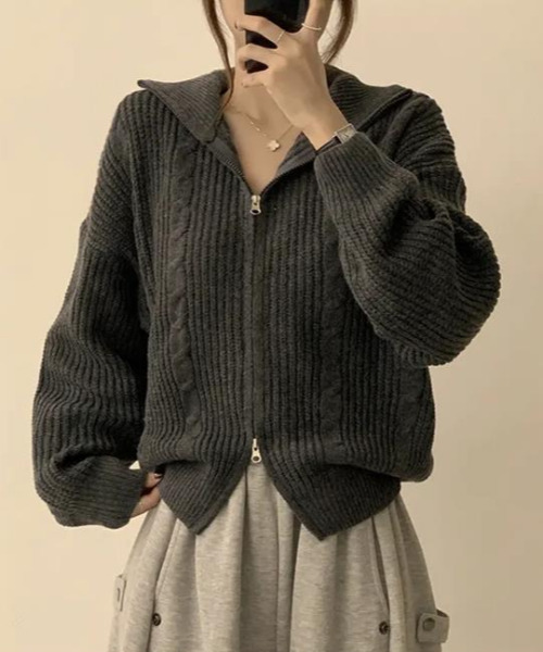 セール】ダブルジップ ケーブル編みニットカーディガン（ニット