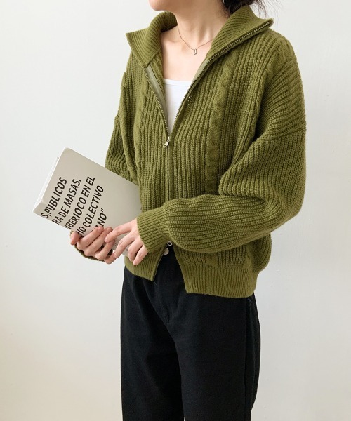 VIVID LADY（ビビッドレディー）の「ダブルジップ ケーブル編みニットカーディガン（ニット/セーター・レディース・カーキ/ワイン/チャコールグレー/クリーム/ベージュ・FREE）」の13枚目の写真