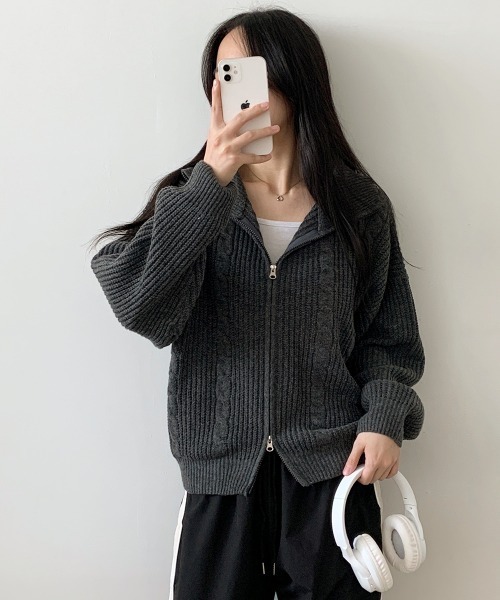VIVID LADY（ビビッドレディー）の「ダブルジップ ケーブル編みニットカーディガン（ニット/セーター・レディース・カーキ/ワイン/チャコールグレー/クリーム/ベージュ・FREE）」の16枚目の写真