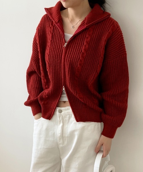 VIVID LADY（ビビッドレディー）の「ダブルジップ ケーブル編みニットカーディガン（ニット/セーター・レディース・カーキ/ワイン/チャコールグレー/クリーム/ベージュ・FREE）」の17枚目の写真