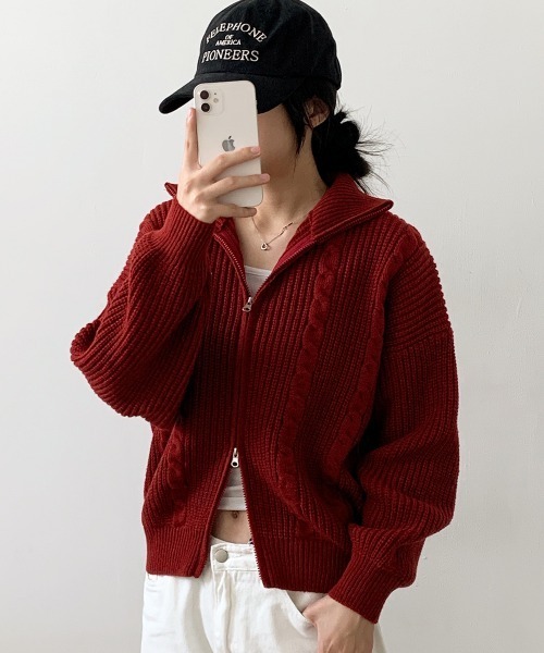 VIVID LADY（ビビッドレディー）の「ダブルジップ ケーブル編みニットカーディガン（ニット/セーター・レディース・カーキ/ワイン/チャコールグレー/クリーム/ベージュ・FREE）」の19枚目の写真