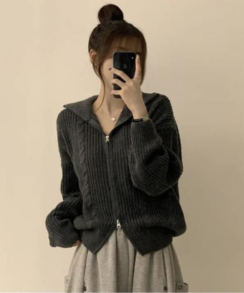 ダブルジップ ケーブル編みニットカーディガン（ニット/セーター