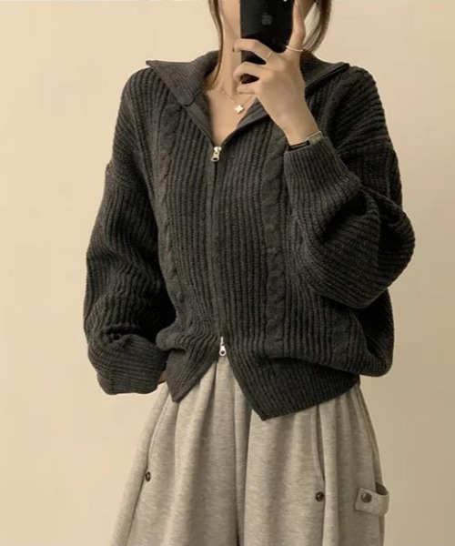 ダブルジップ ケーブル編みニットカーディガン（ニット/セーター