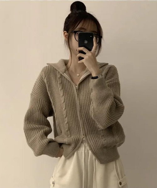 セール】ダブルジップ ケーブル編みニットカーディガン（ニット