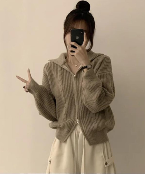 セール】ダブルジップ ケーブル編みニットカーディガン（ニット