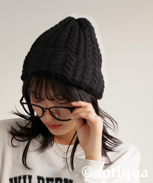 antiqua（アンティカ）の「ケーブル編み ニット帽（ニットキャップ/ビーニー・レディース・アイボリー/ブラック・FREE）」の7枚目の写真