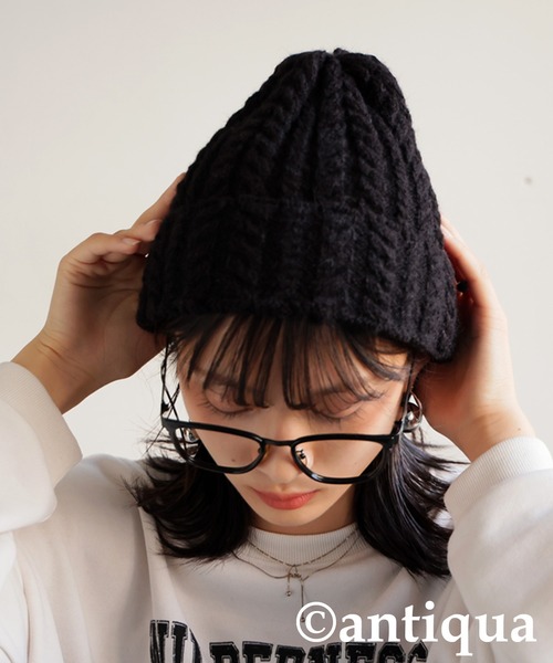 antiqua（アンティカ）の「ケーブル編み ニット帽（ニットキャップ/ビーニー・レディース・アイボリー/ブラック・FREE）」の9枚目の写真