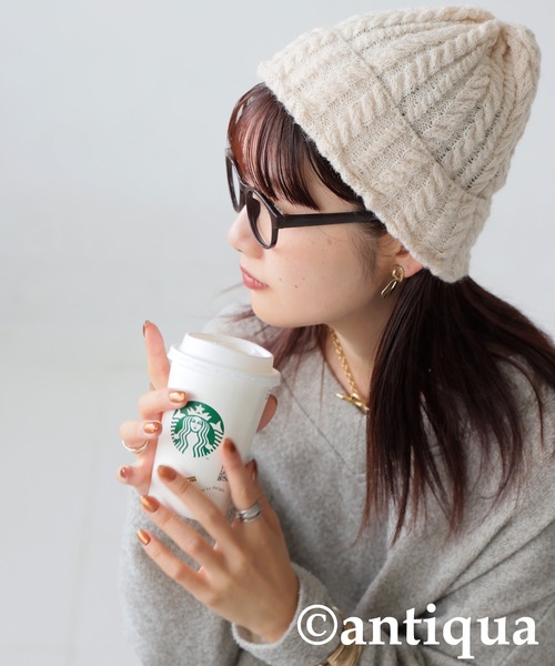 antiqua（アンティカ）の「ケーブル編み ニット帽（ニットキャップ/ビーニー・レディース・アイボリー/ブラック・FREE）」の6枚目の写真