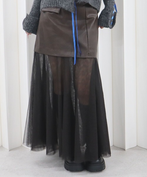 CECIL McBEE（セシルマクビー）の「合皮切替ロングスカート（スカート・レディース・ブラック/ブラウン・MEDIUM/LARGE）」の4枚目の写真