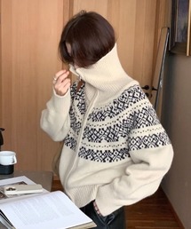 ノルディック柄ジップアップニットカーディガン/ハイネックセーター