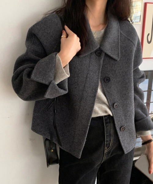 ONEP STAR(ワンピスター)の「ウール調ワイドカラーショート丈コート(テーラードジャケット・レディース・ライトグレー/ベージュ/ダークグレー/ブラック・FREE)」の6枚目の写真
